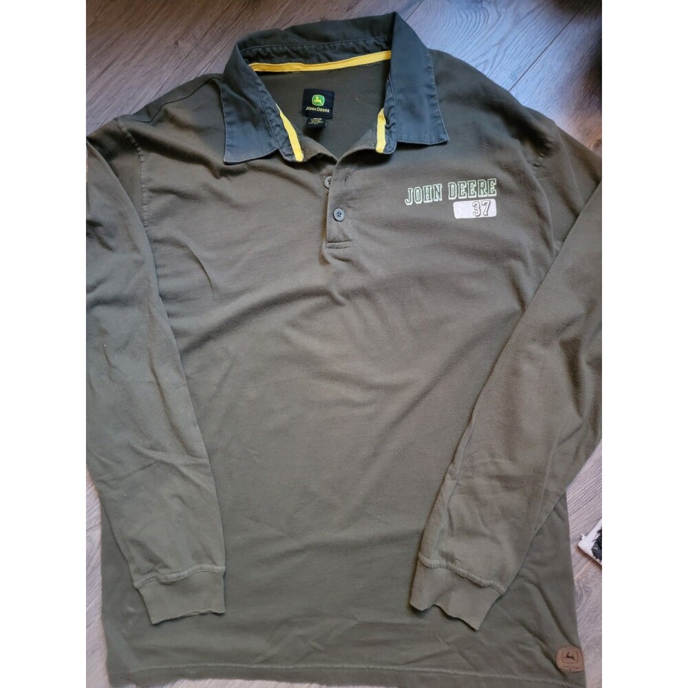 John Deere Shirt Mens Large Rugby Pullover 37 Patch Sz XL